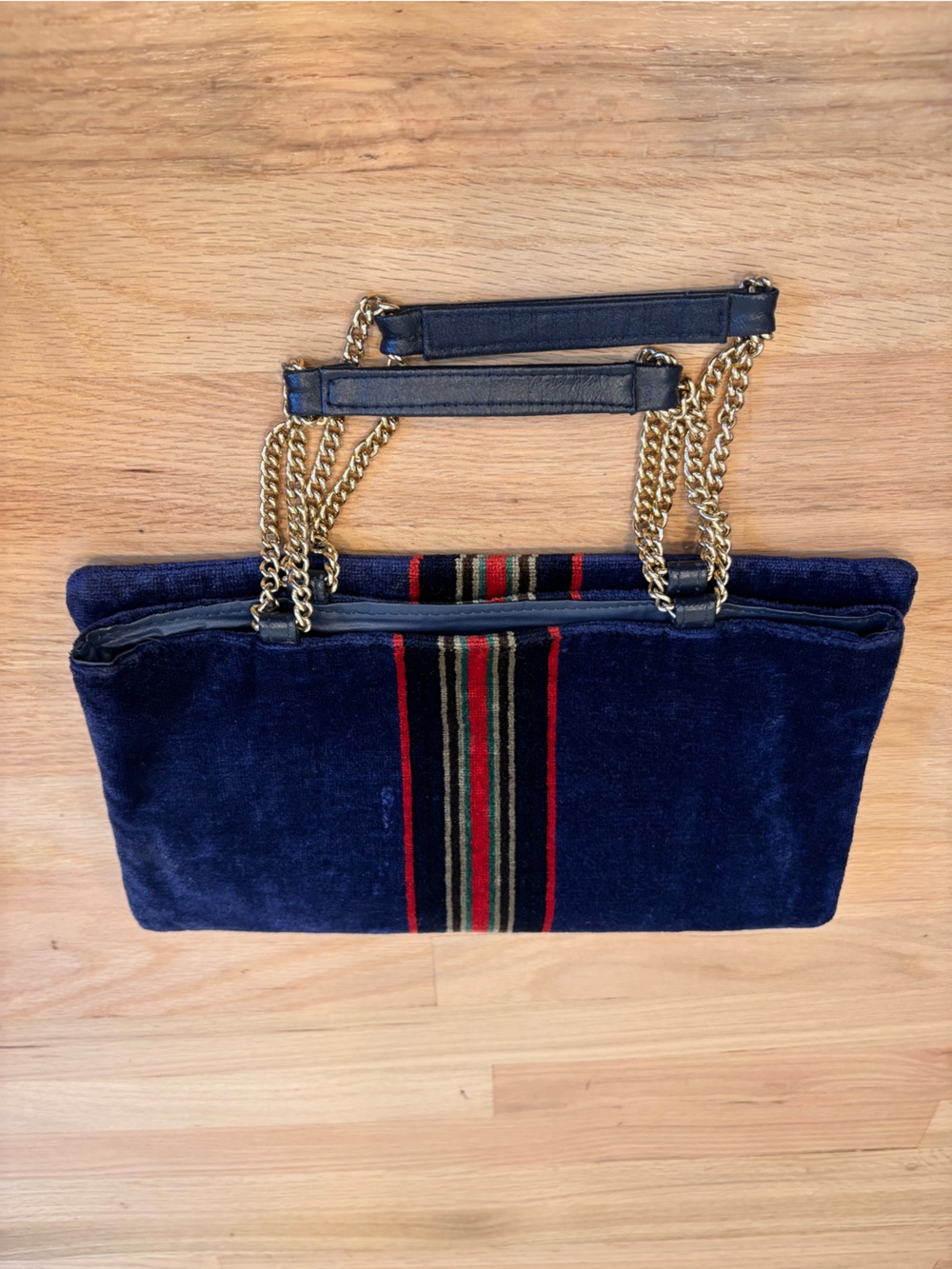Vintage blue velvet bag with gold-tone chain handle